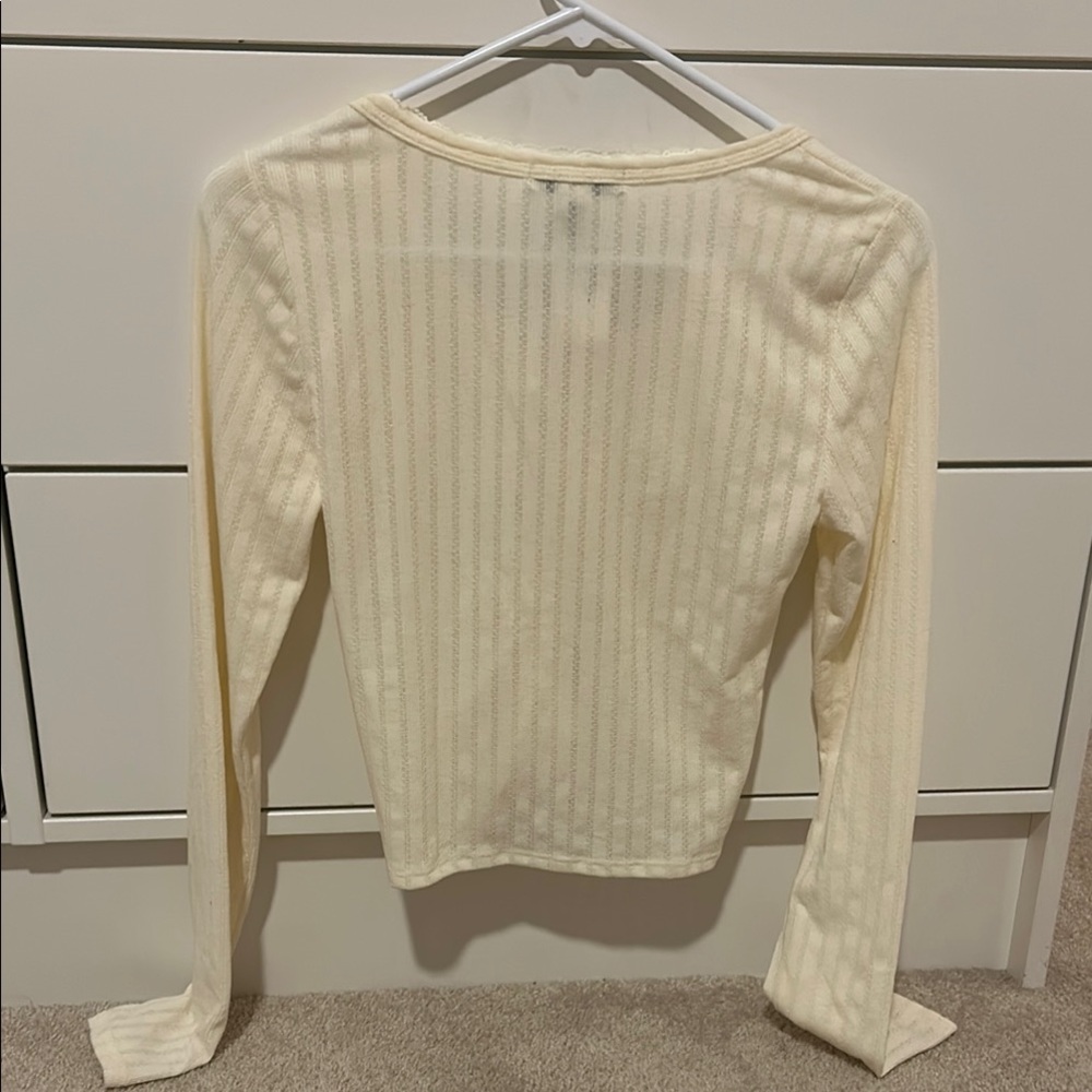 Cream Long Sleeve Ribbed Ruched Blouse - Picture 2 of 2